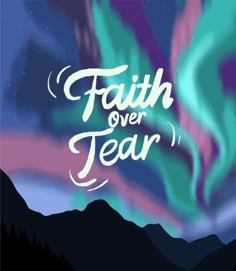 Aurora borealis über Bergen mit Text.