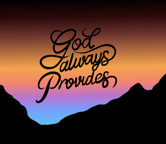 God always provides text over mountain silhouette at sunset