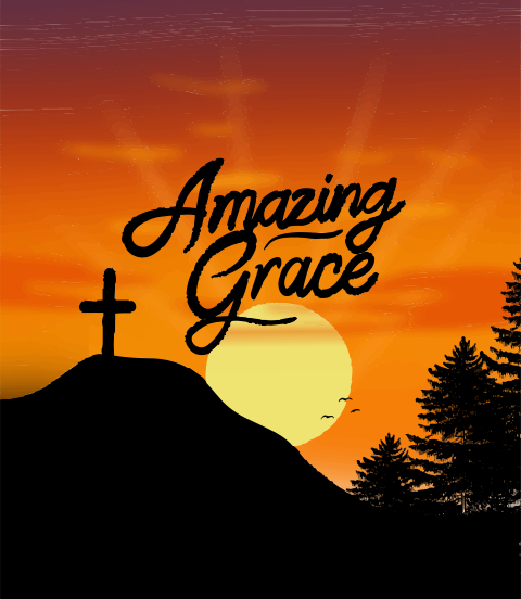Cruz cristiana en la colina al atardecer con texto de "amazing grace".