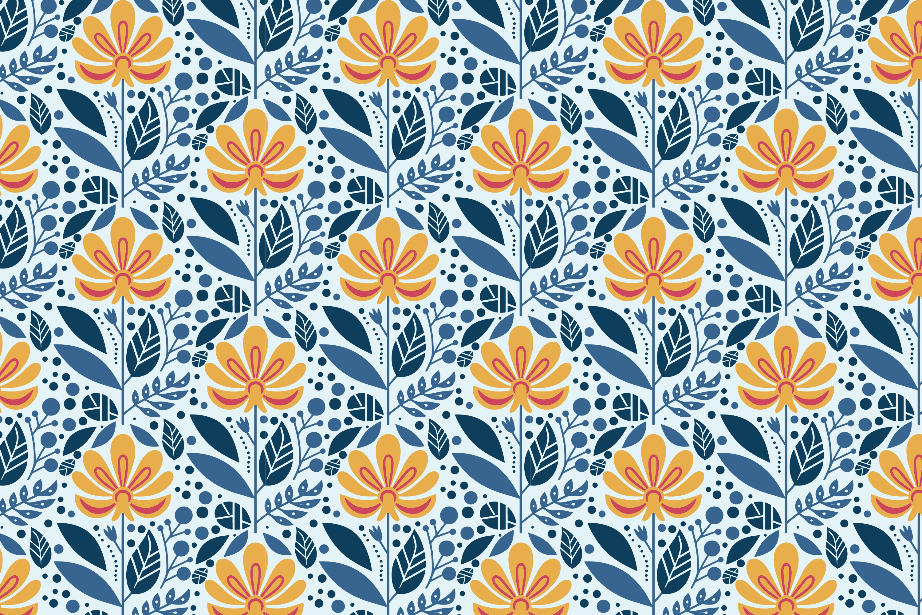 Patrón floral sin costuras con flores naranjas y hojas azules