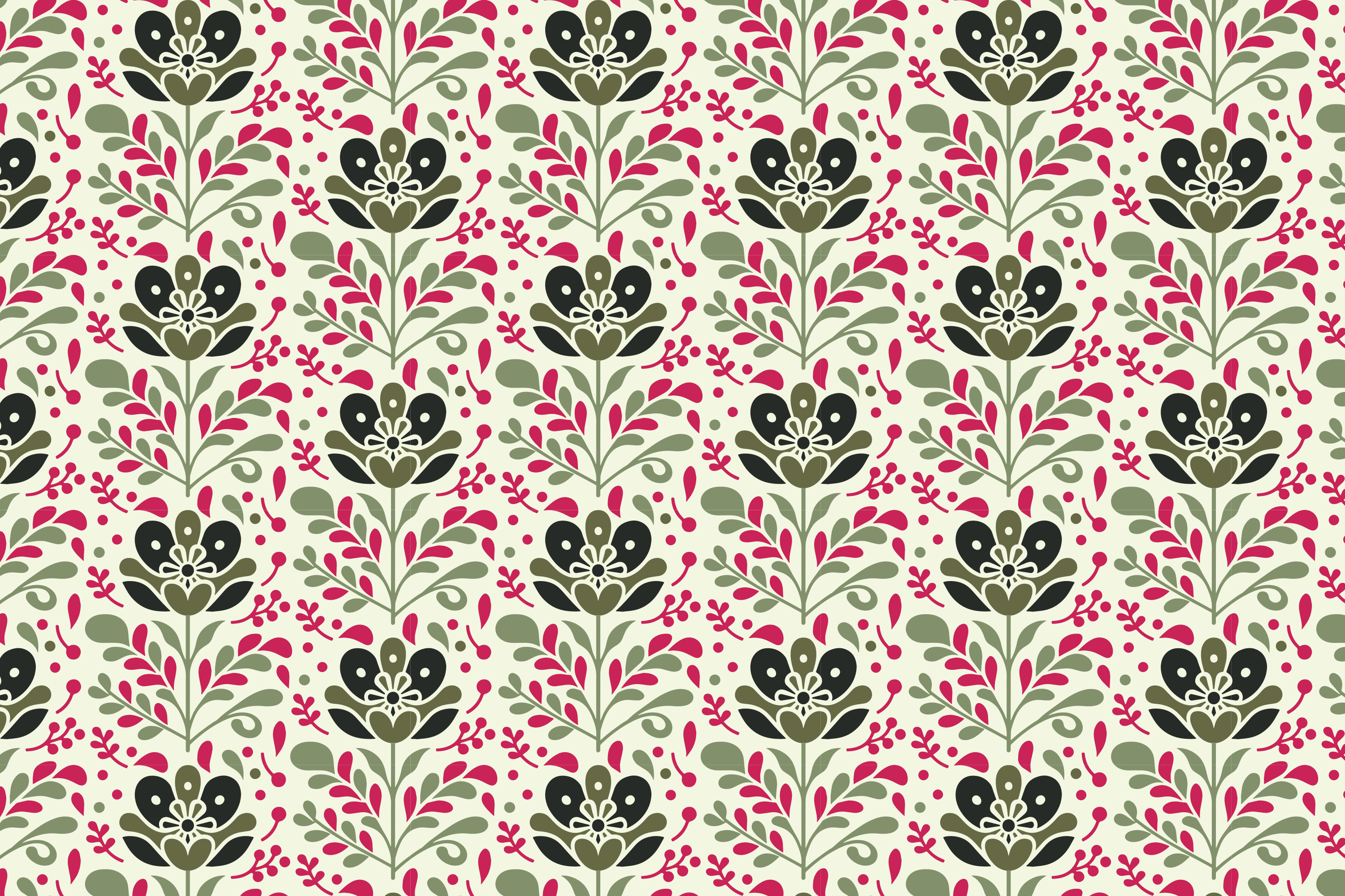 Patrón repetitivo de flores y hojas estilizadas