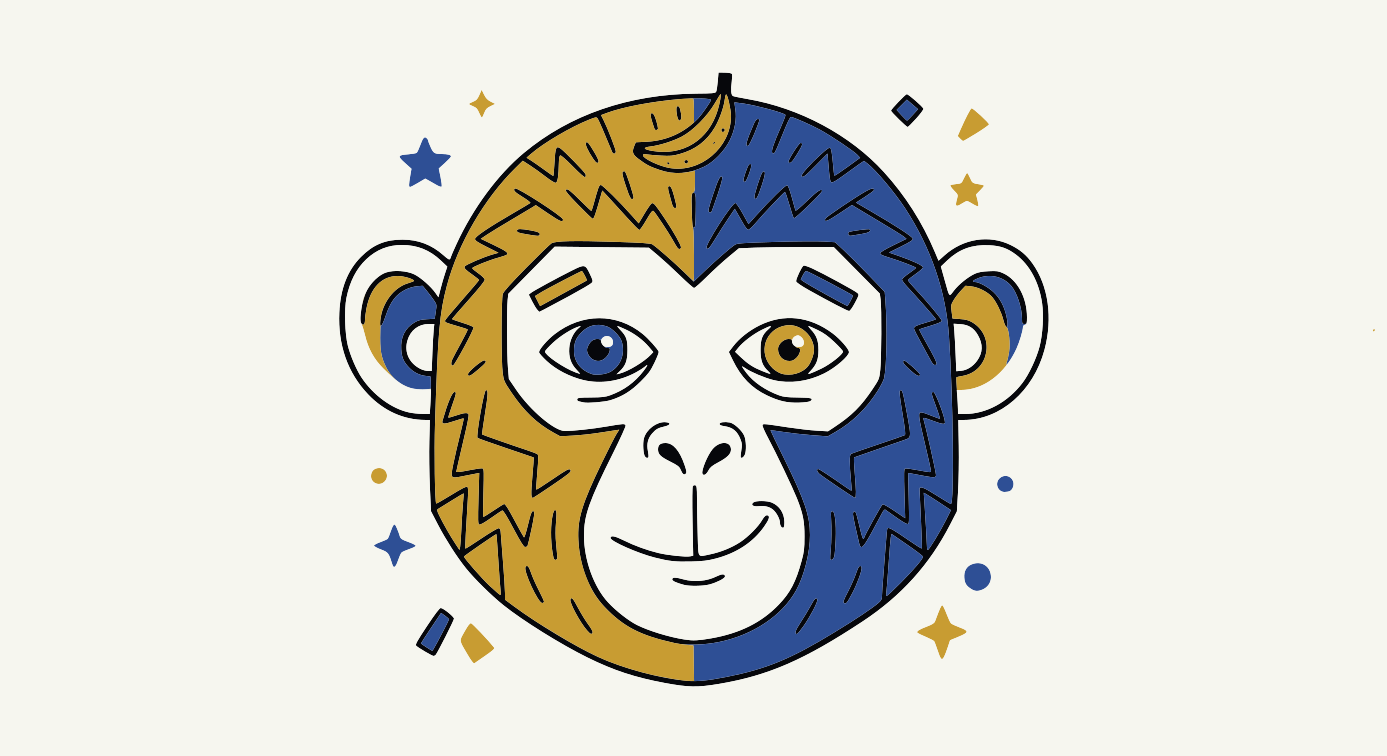 Visage stylisé de singe avec une banane sur la tête