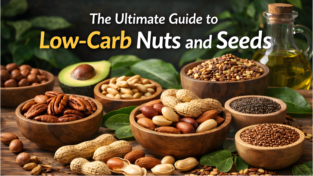 A variety of keto-friendly nuts and seeds on a wooden table
