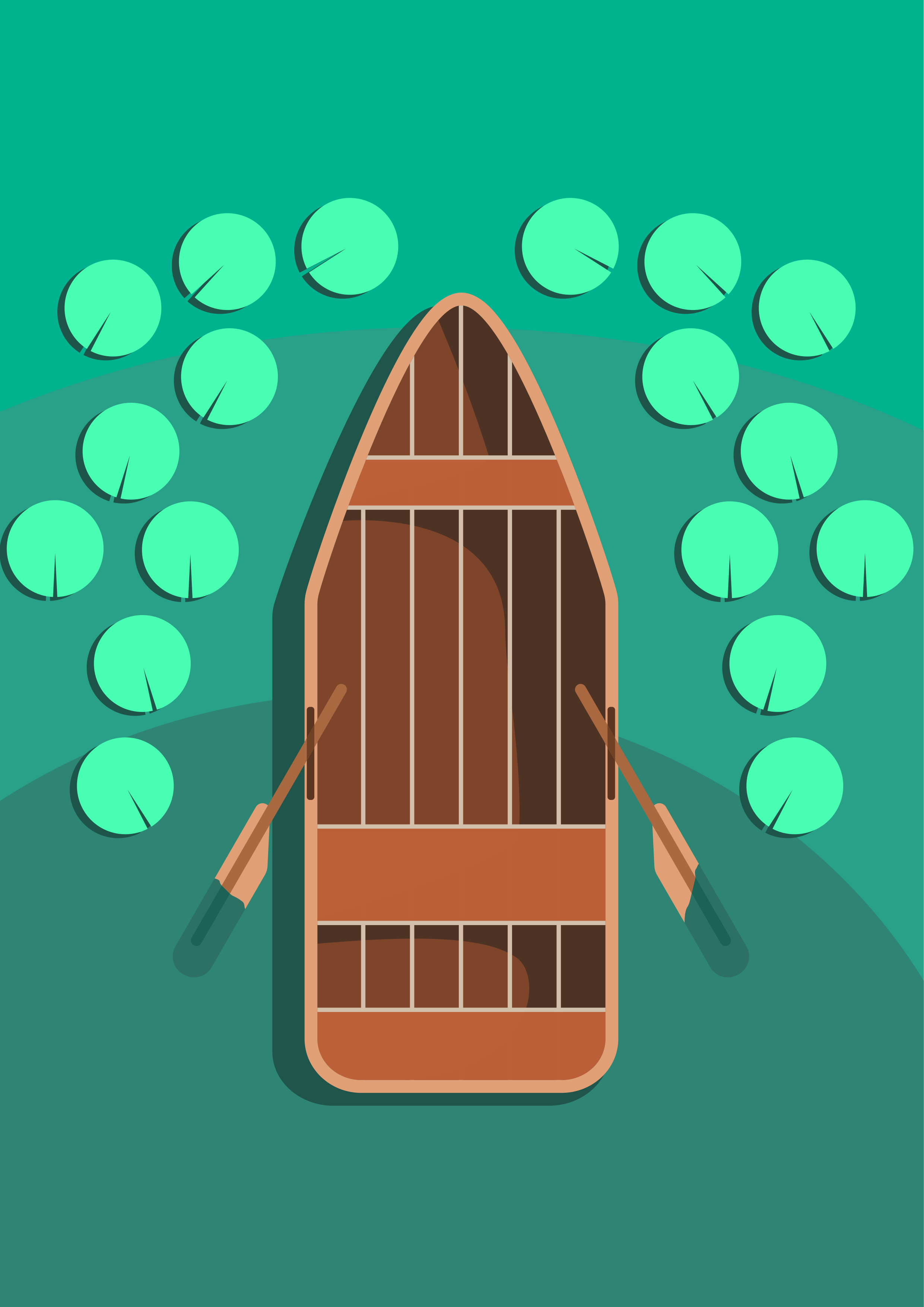 Wooden rowboat surrounded by lily pads on water