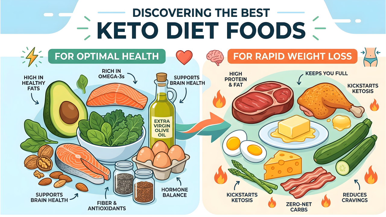 Fresh keto diet foods including avocados and salmon
