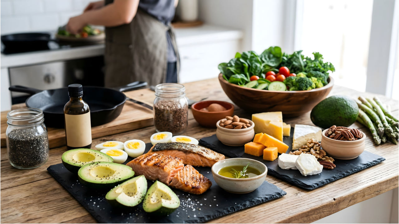 Fresh keto diet foods including avocados and salmon