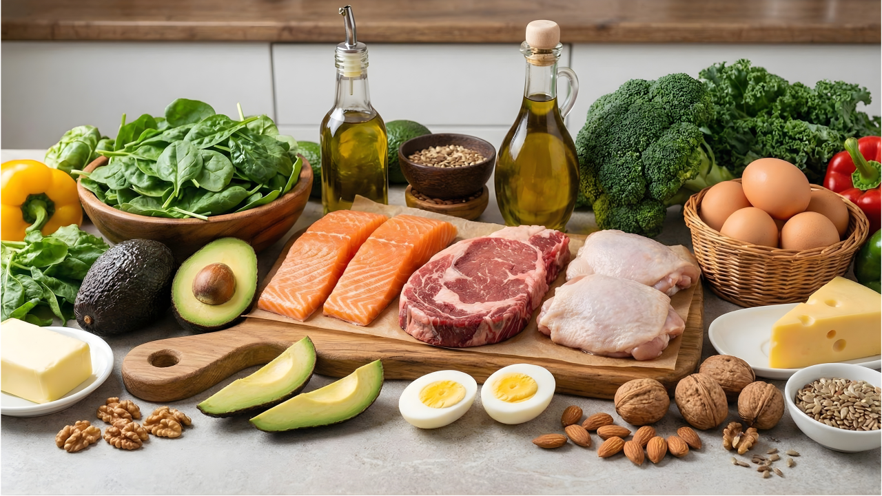 Fresh keto diet foods including avocados and salmon
