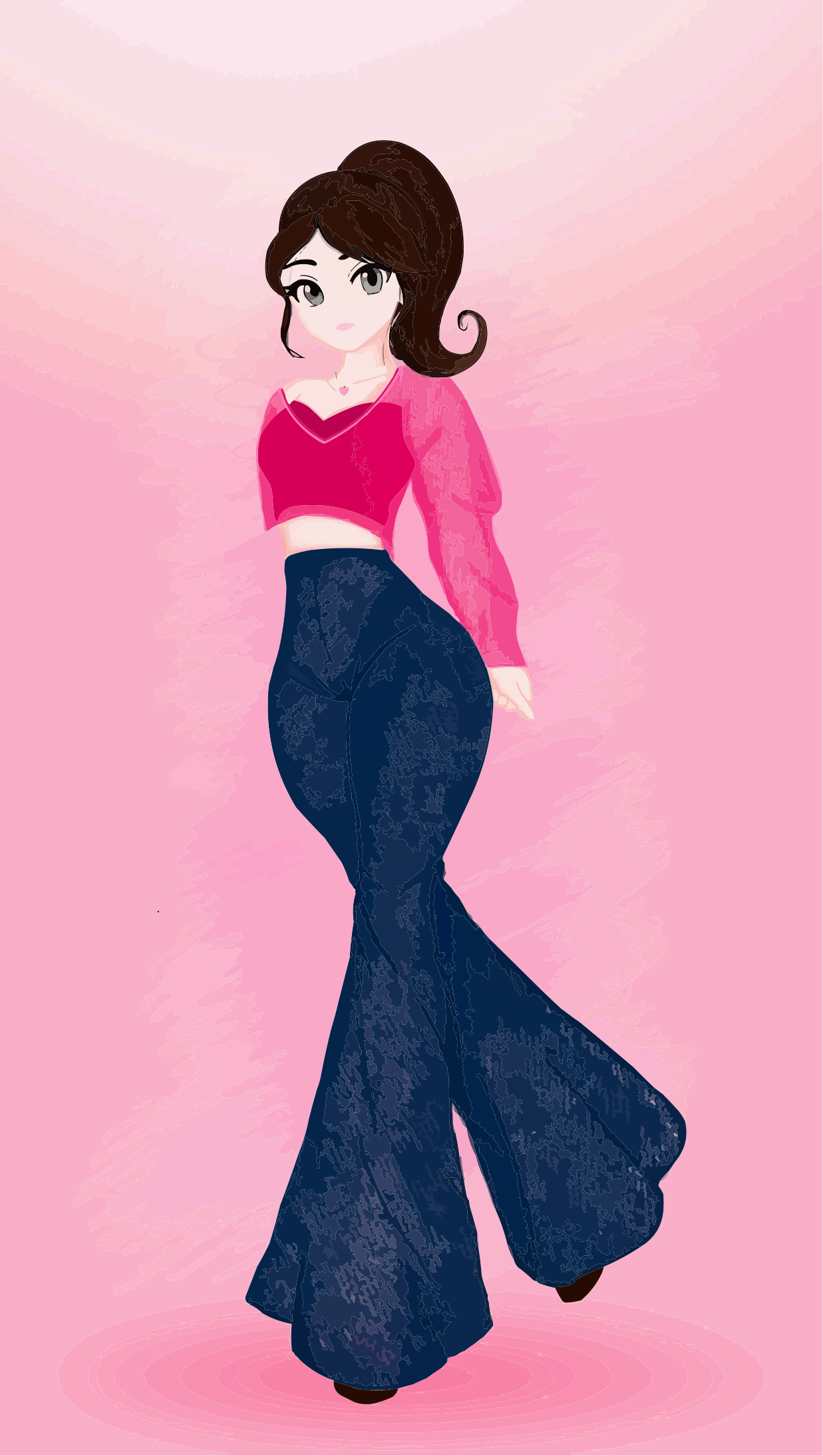 Una mujer estilizada con una camiseta rosa y pantalones de campana estampados.