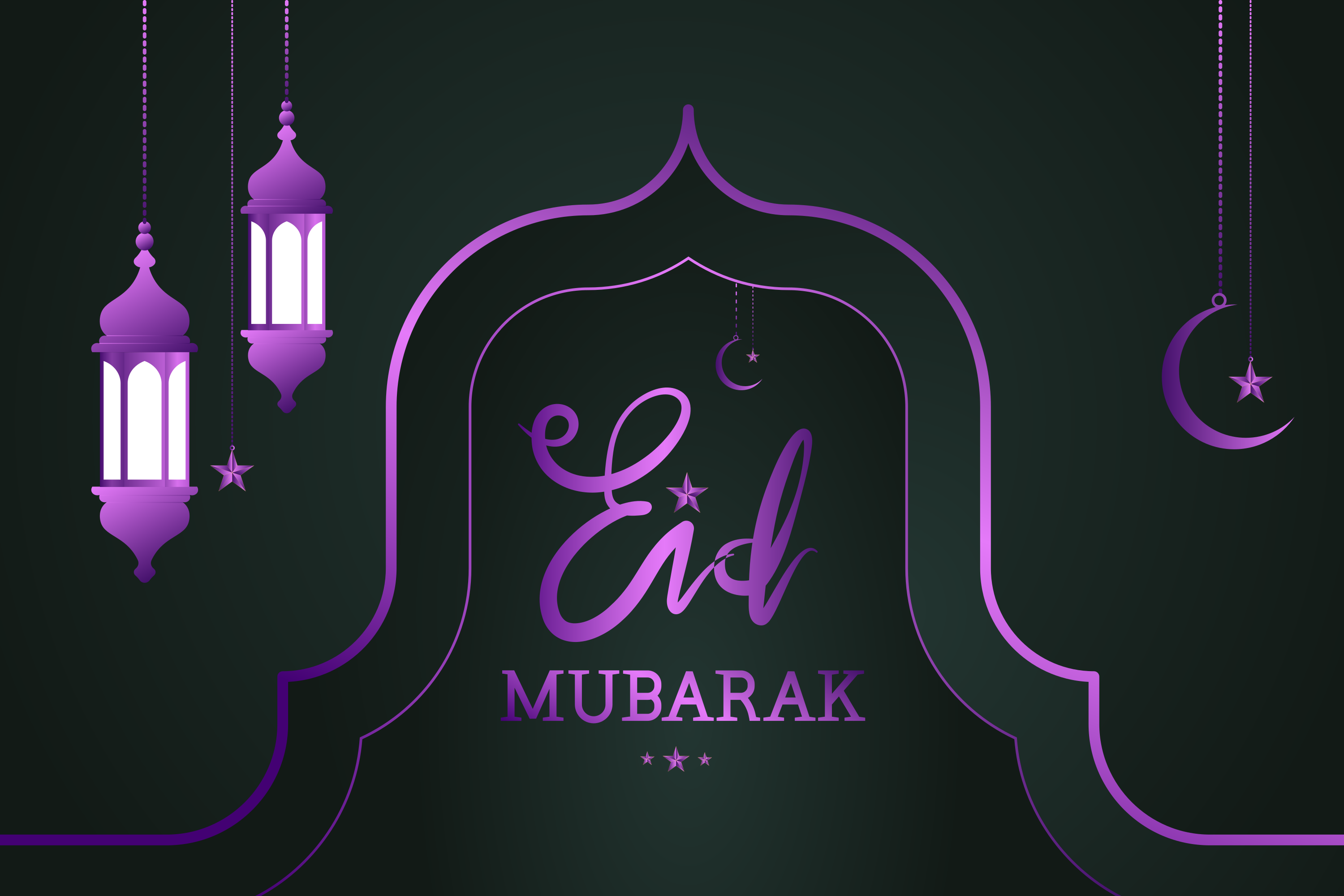 Eid mubarak with lanterns and crescent moon