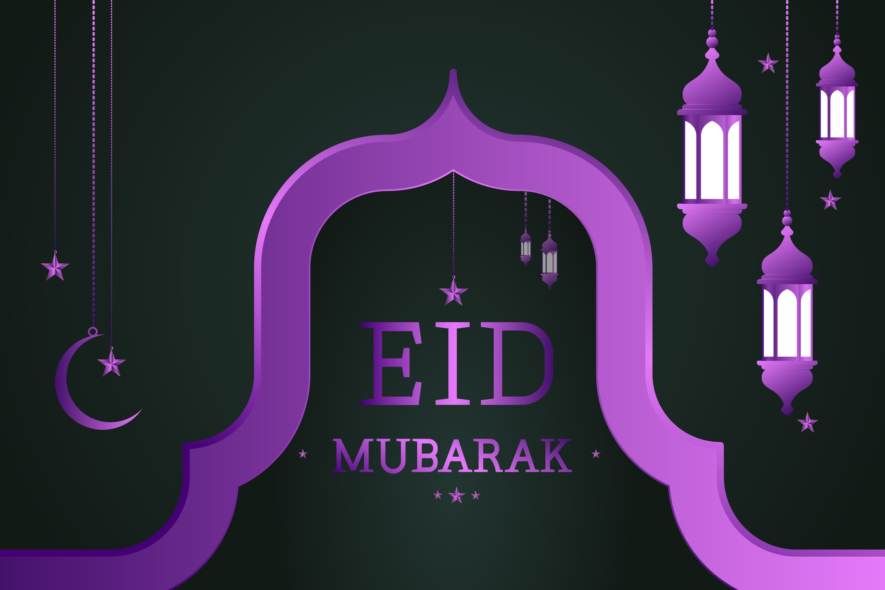 Eid mubarak with purple lanterns and crescent moon