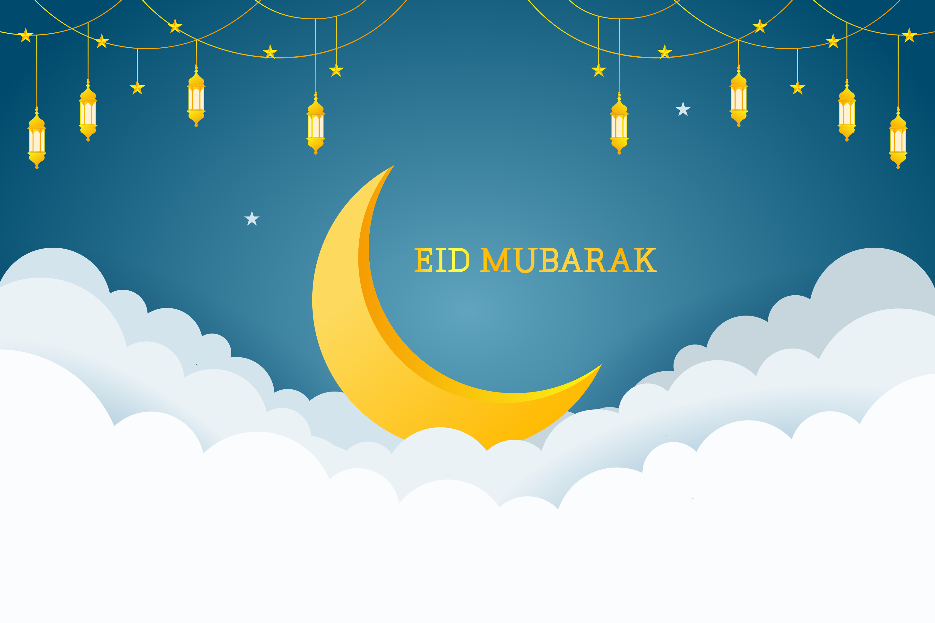 Crescent moon and lanterns in a cloudy night sky