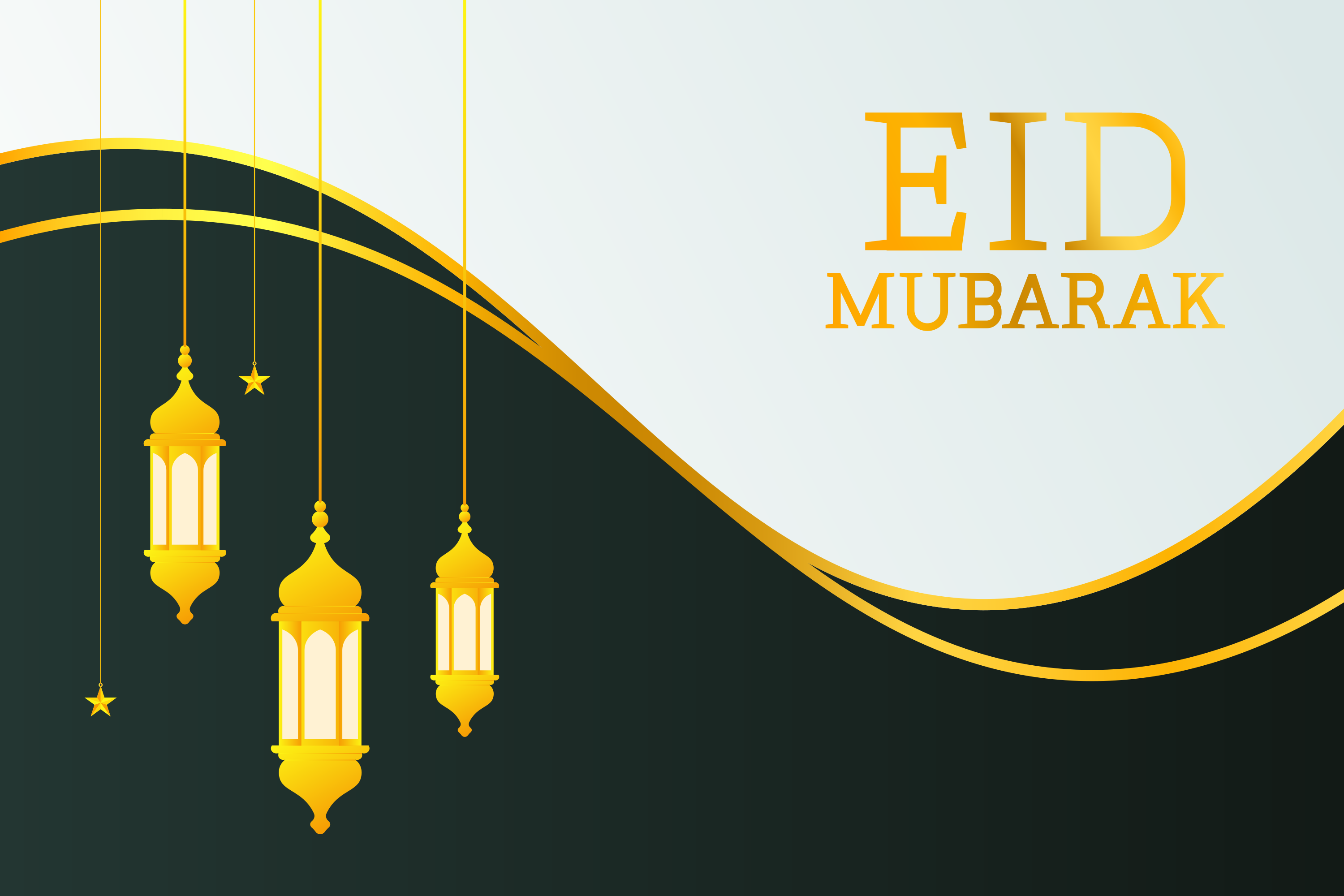 Golden lanterns and stars with eid mubarak text.