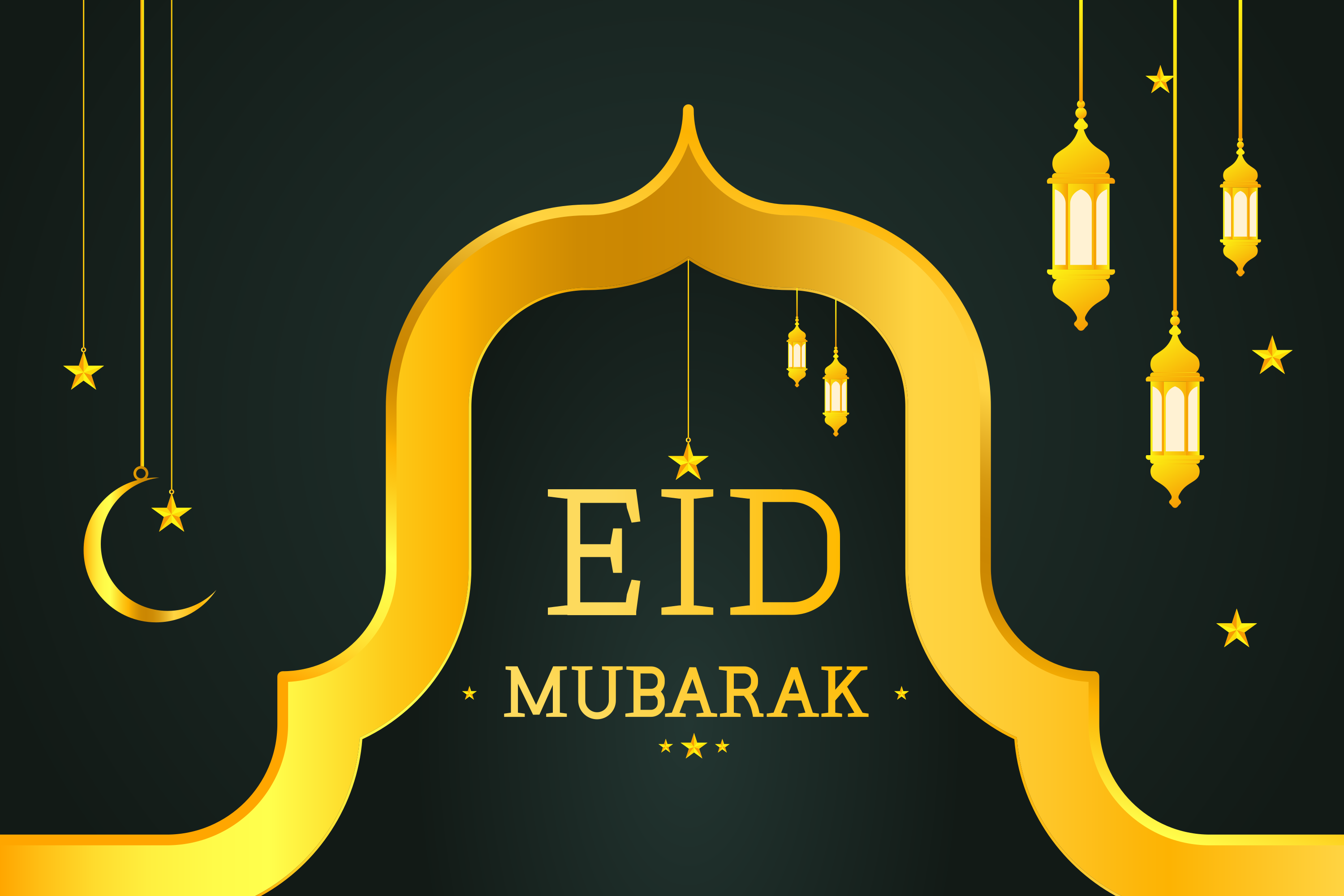 Arco di mubarak dell'Eid dorato con lanterne appese e luna.