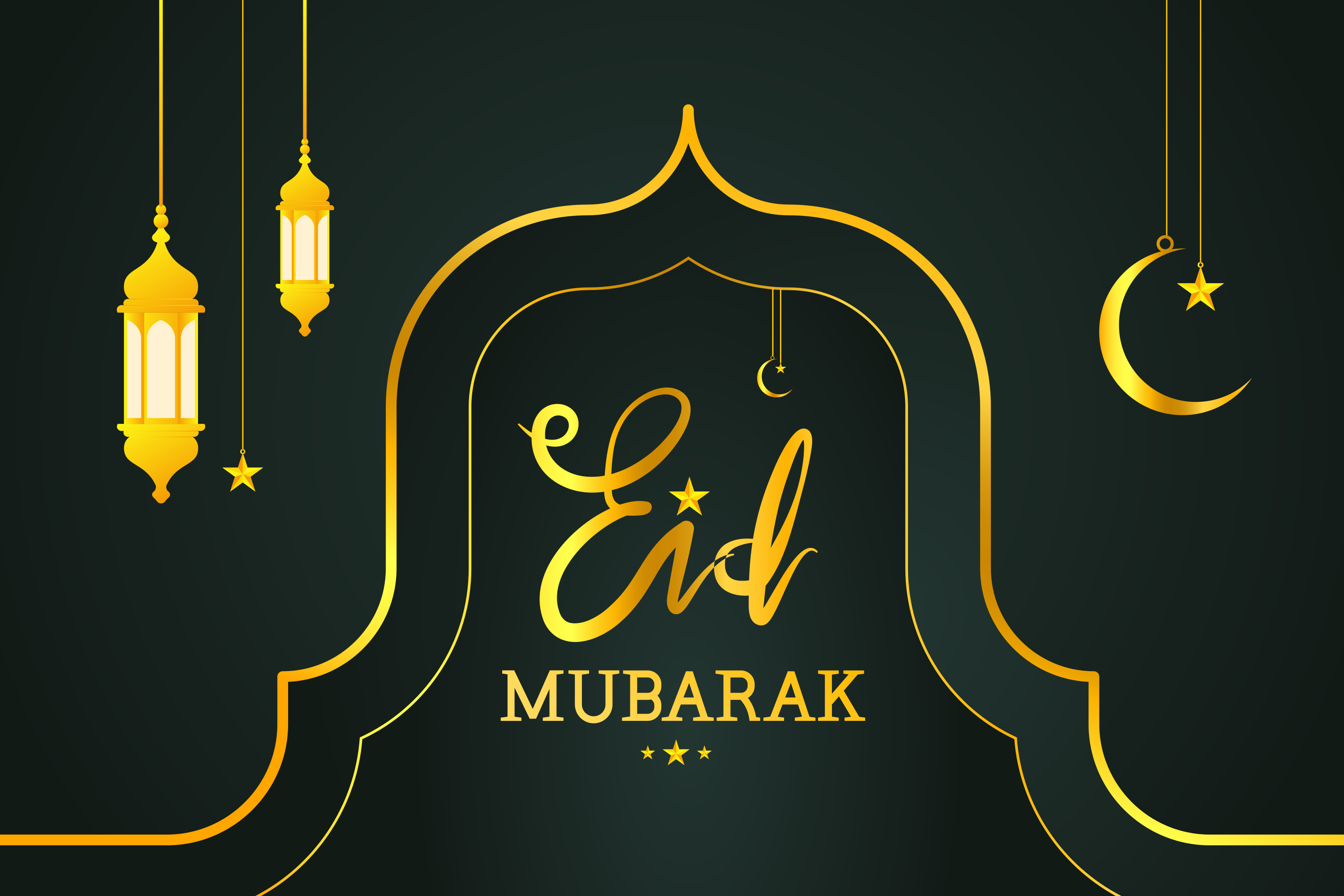 Testo d'oro dell'Eid mubarak con lanterne e luna crescente