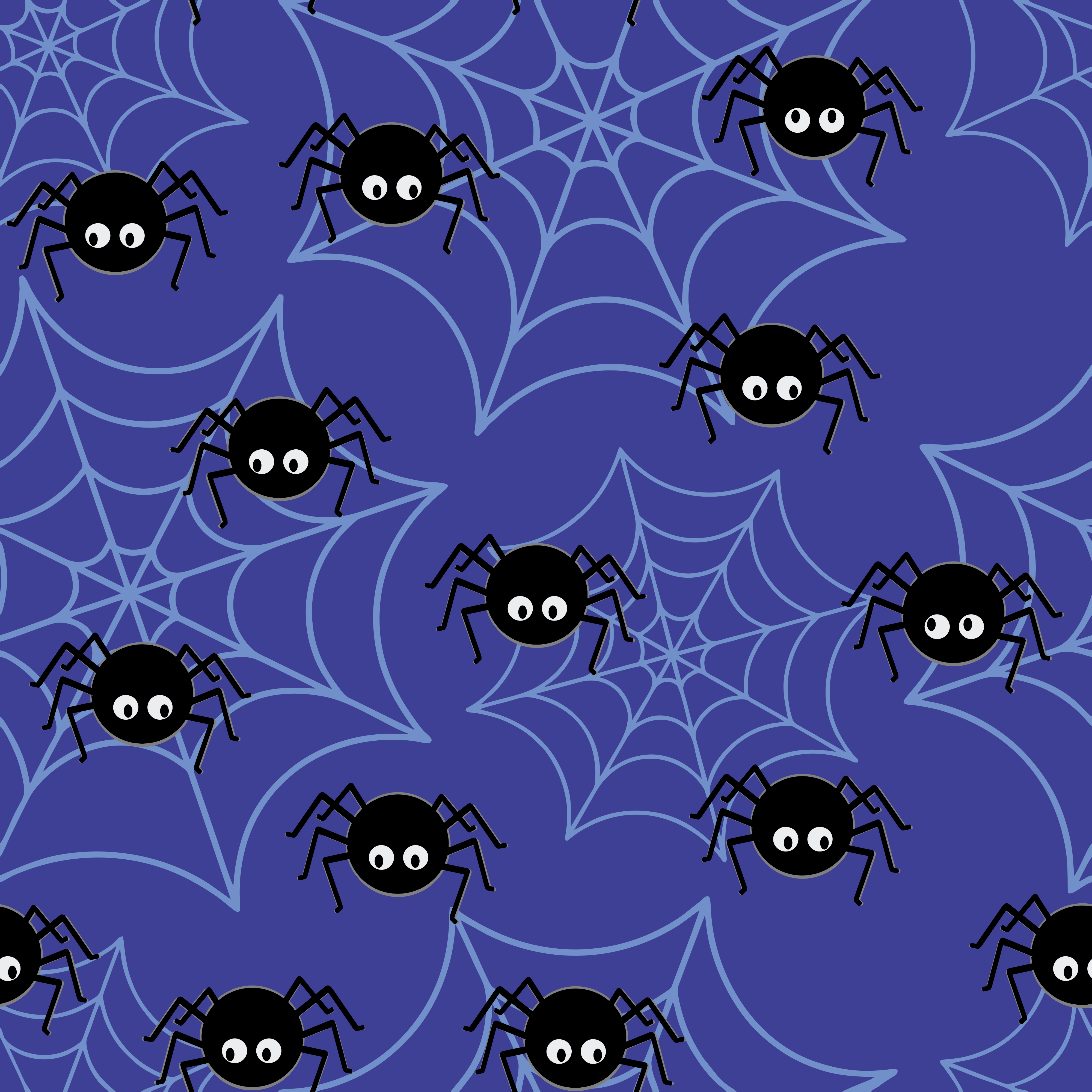 Cartoon spiders on a blue web background