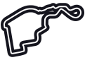 A black and white outline of a race track