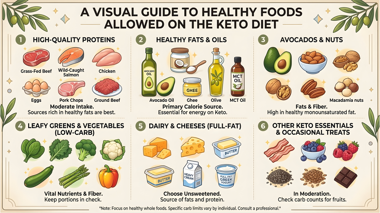 Fresh foods allowed on keto diet including avocados, meat, and vegetables