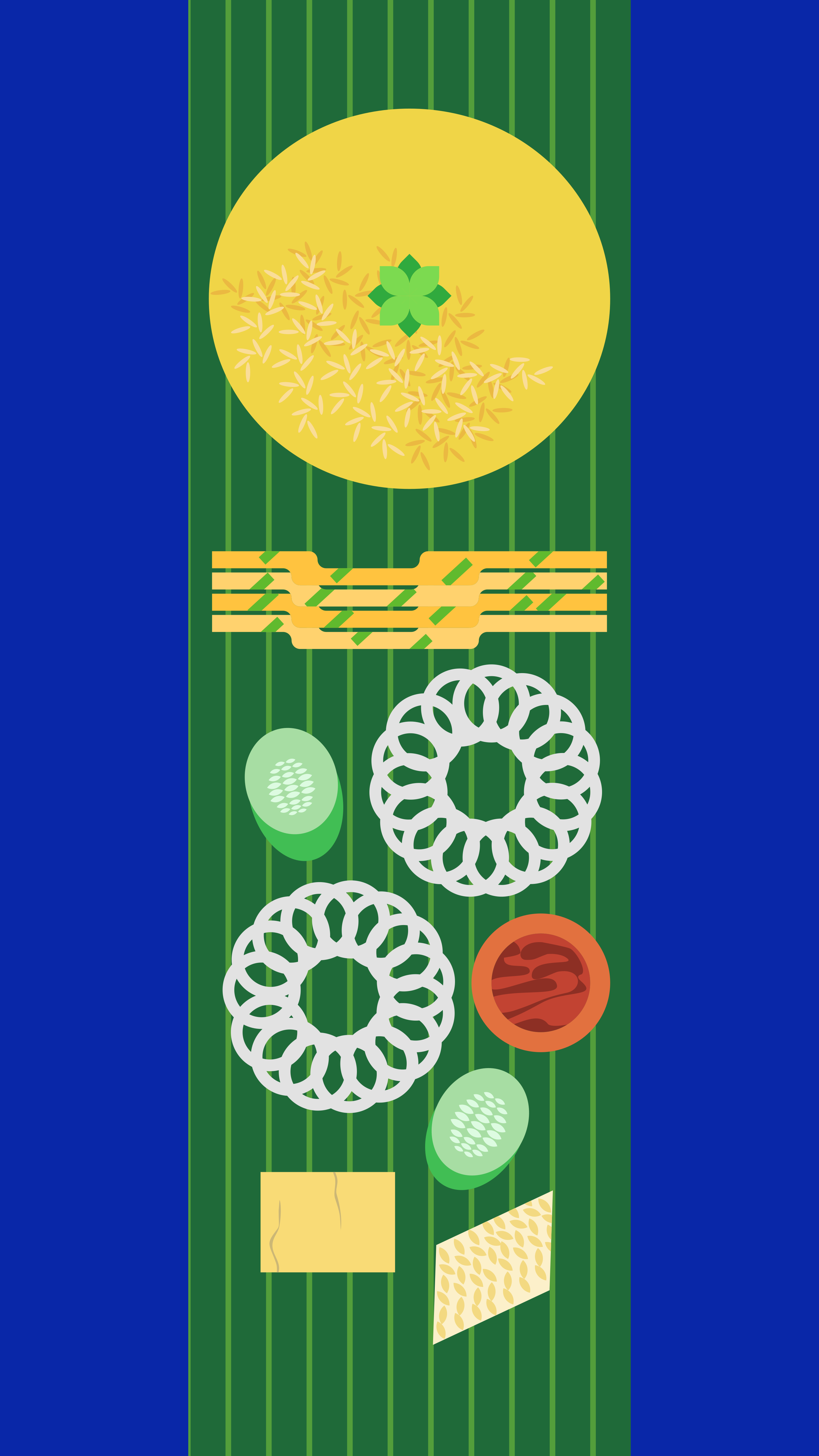 Un ensemble plat de nourriture disposés sur une surface verte.