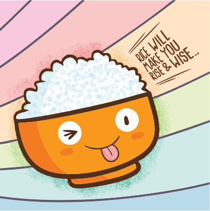 Uma tigela fofa de arroz pisca com a língua de fora.