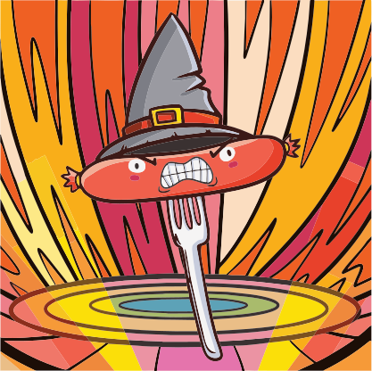 Angry sausage wearing a witch hat on a fork