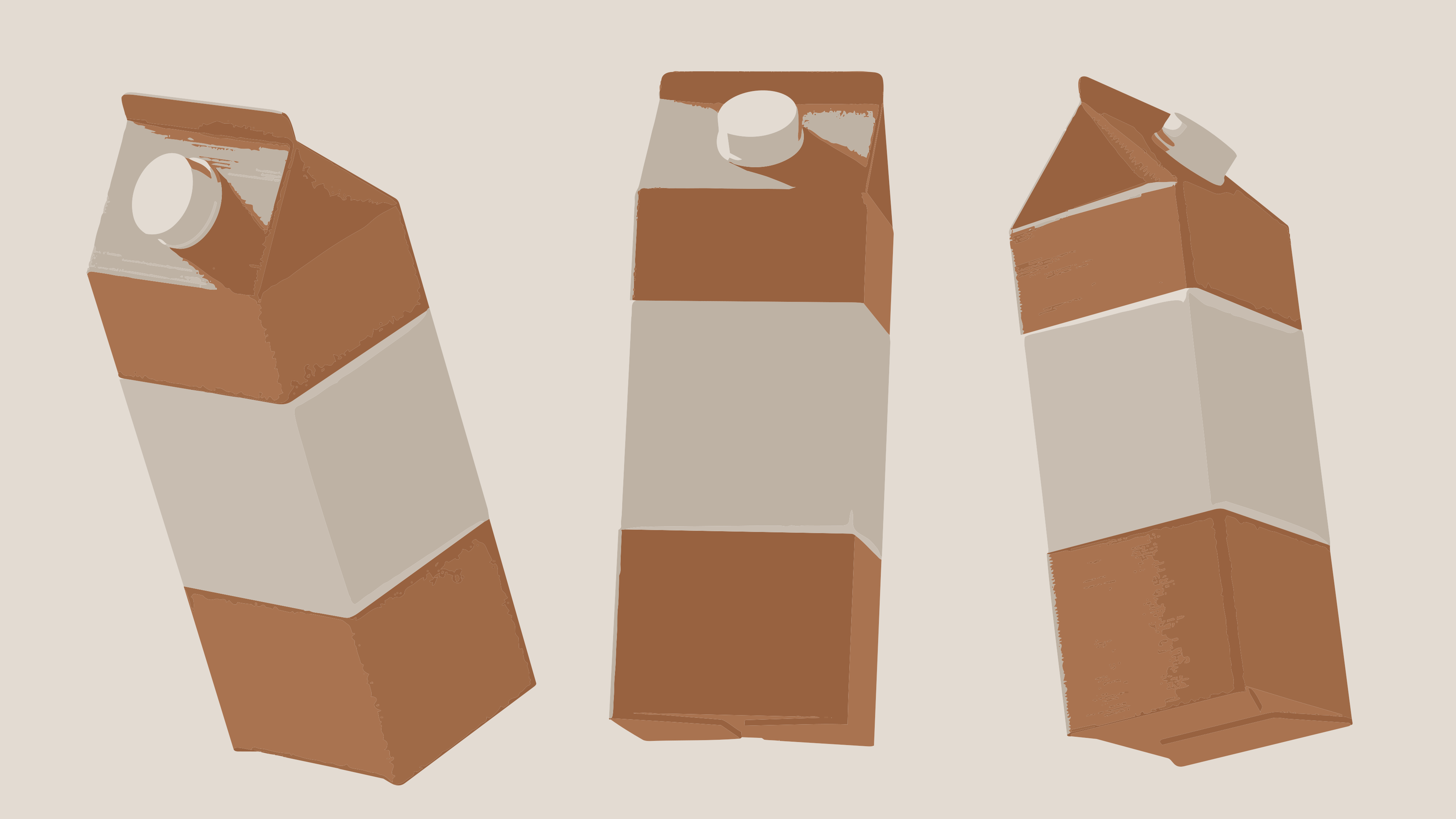 Three brown cartons with white labels and caps