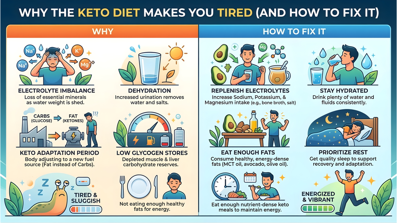 A person managing keto diet fatigue with healthy foods