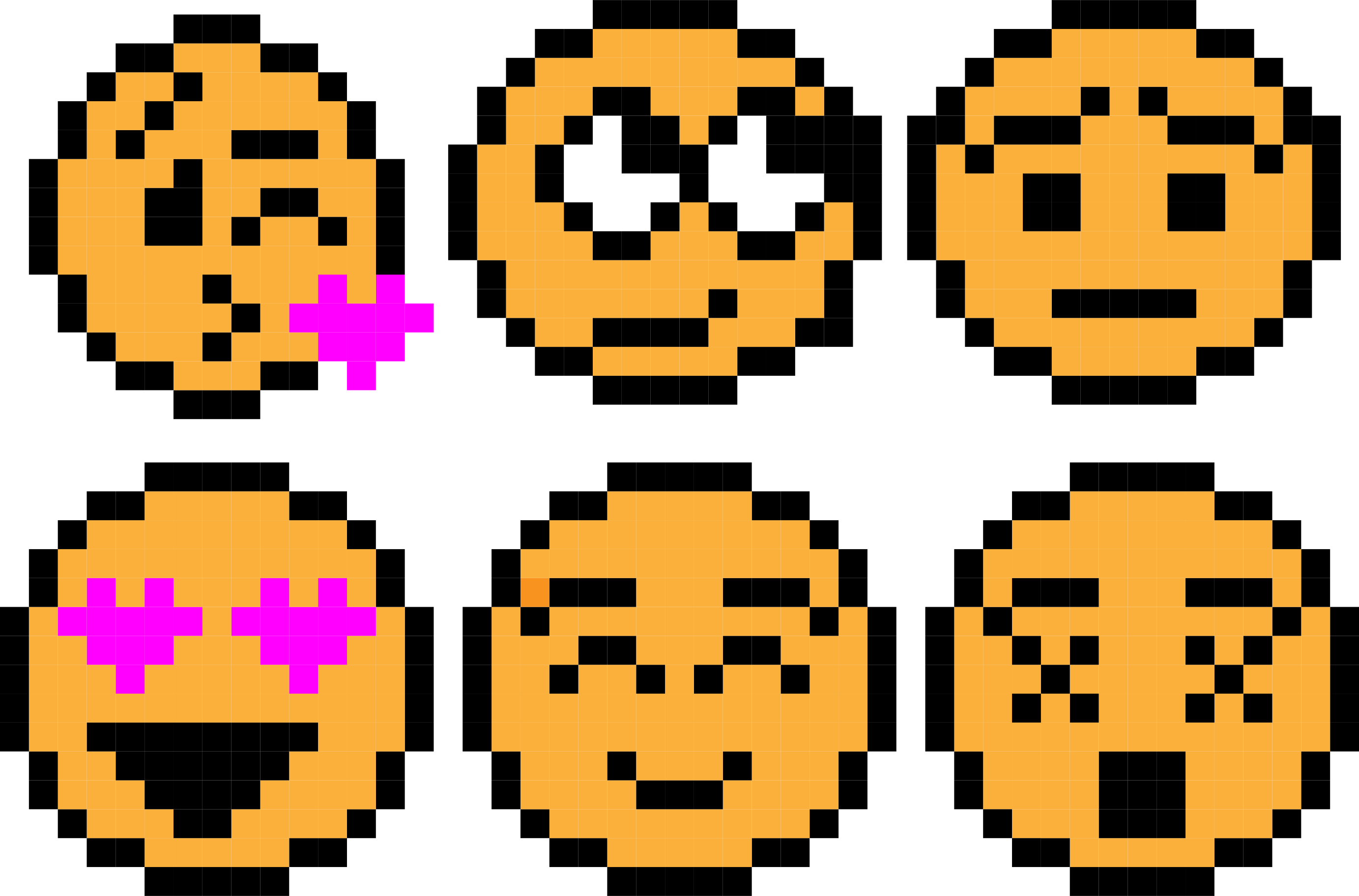 Sechs Pixel-Art-Emojis mit unterschiedlichen Gesichtsausdrücken