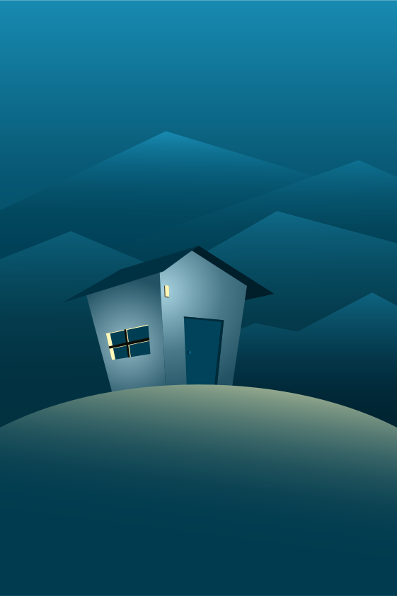 A small house on a hill at night
