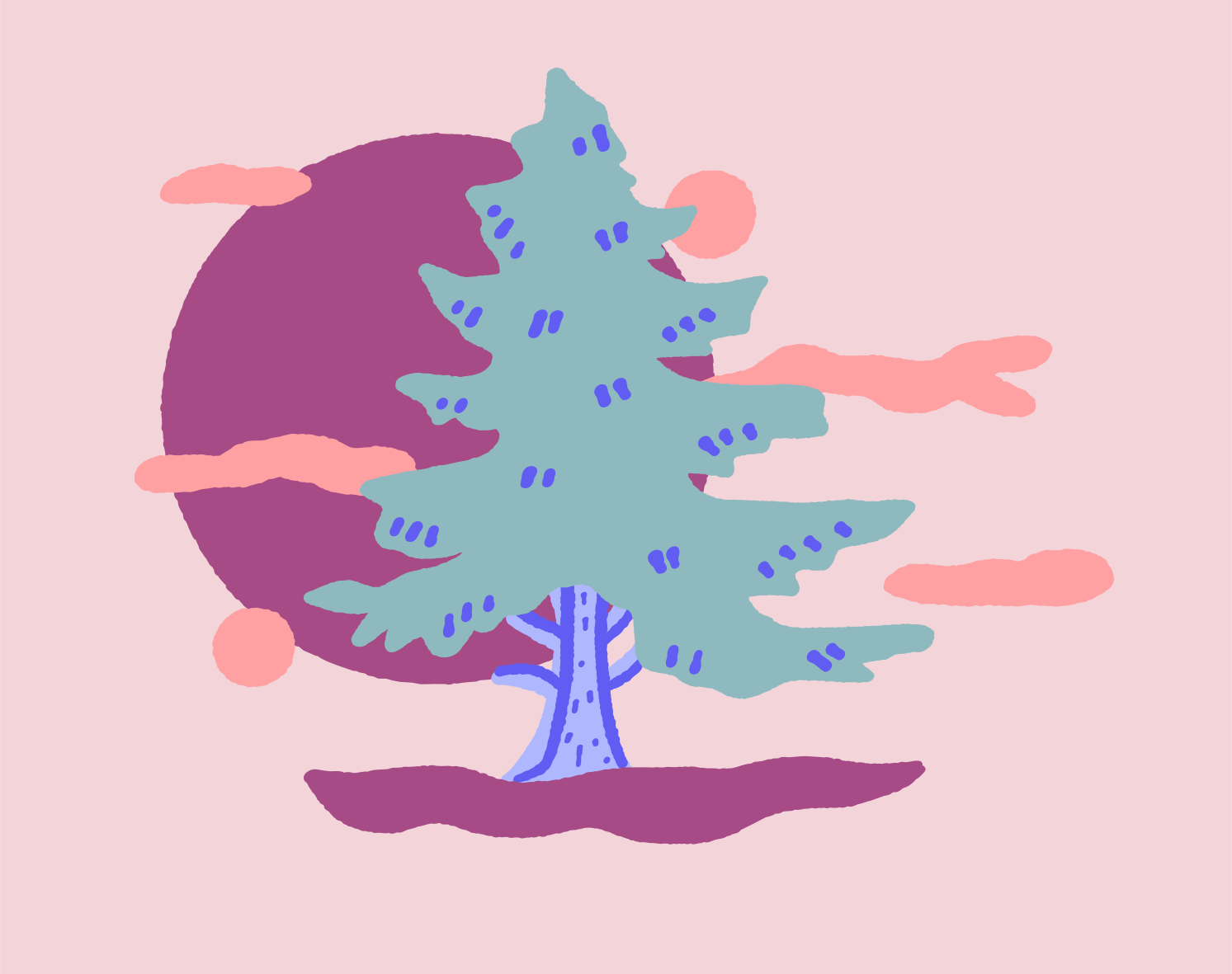 A stylized tree with a large moon behind it.