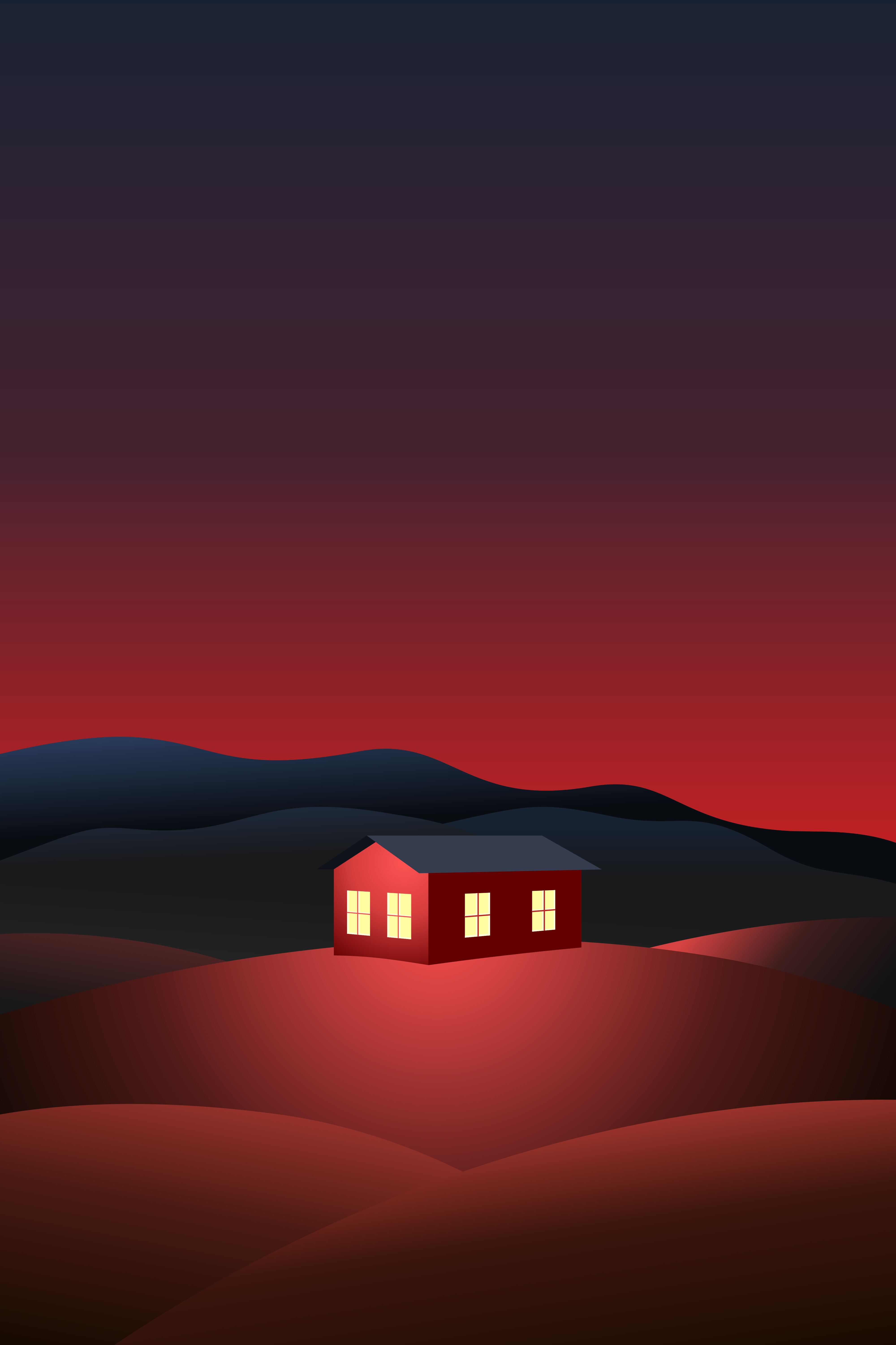 Uma casa vermelha solitária brilha calorosamente ao entardecer.
