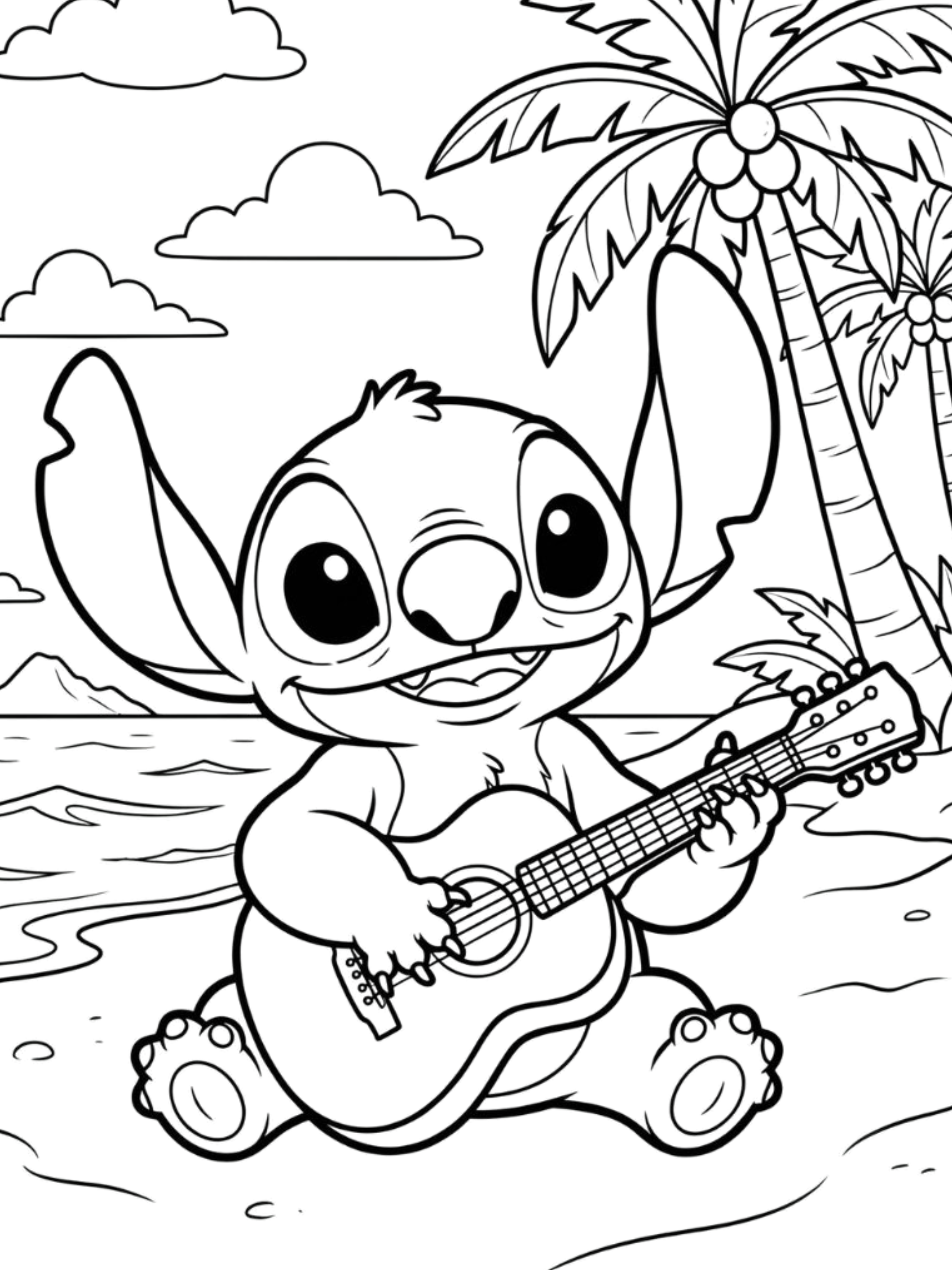 Stitch playing guitar on a beach with palm trees