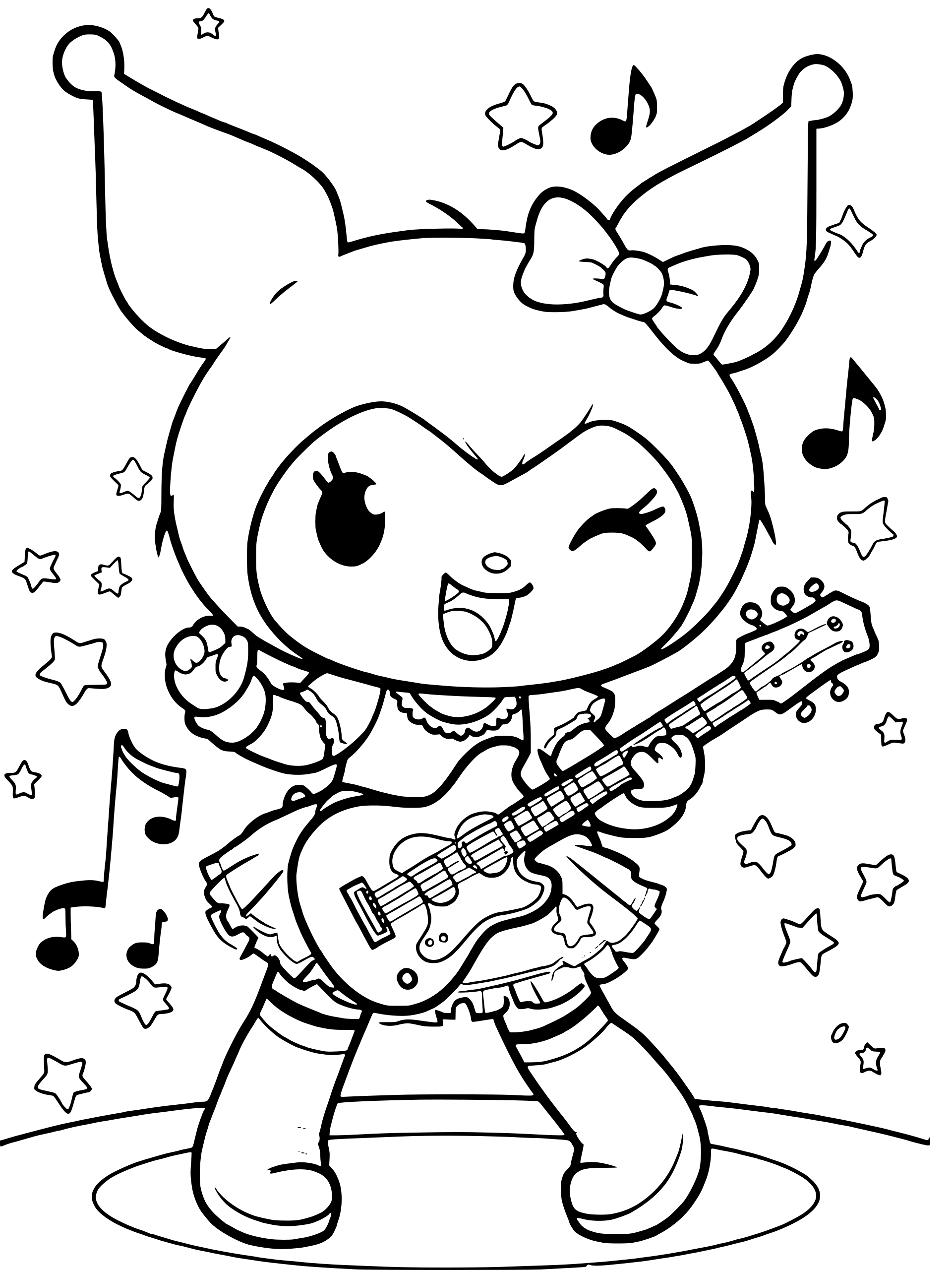 A cartoon character playing a guitar with musical notes.