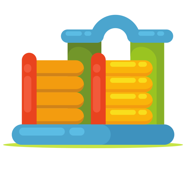 Colorful inflatable playground structure with orange and green sections
