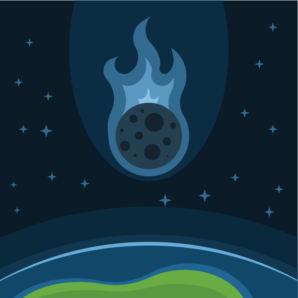 A fiery meteor streaks through the night sky towards earth.