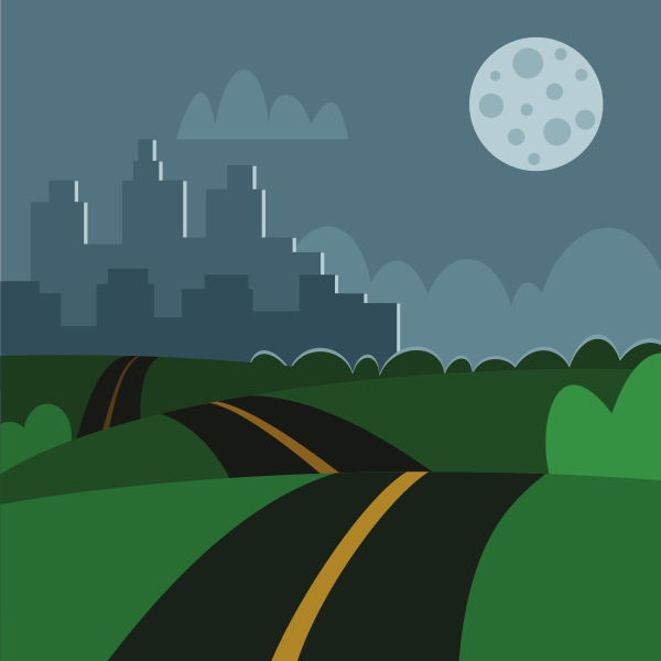 Route menant à une ville sous une pleine lune.