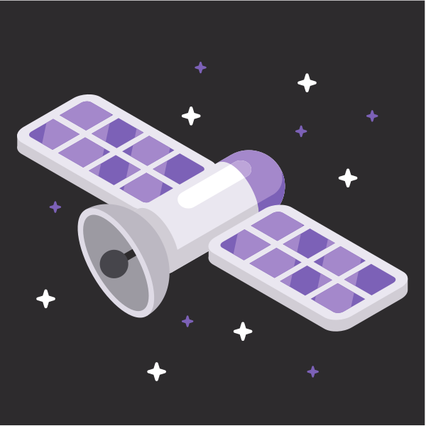 A satellite with solar panels floats in space.