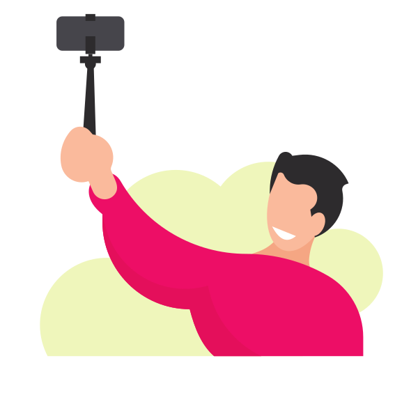 Man taking a selfie with a smartphone on a stick.