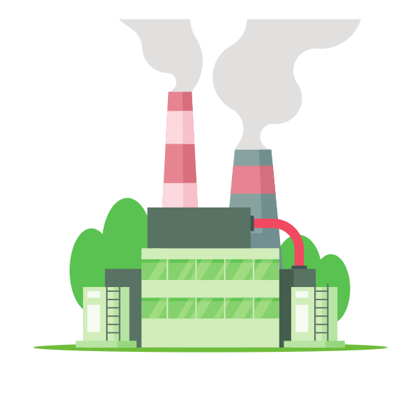 Factory with smokestacks emitting smoke against green trees