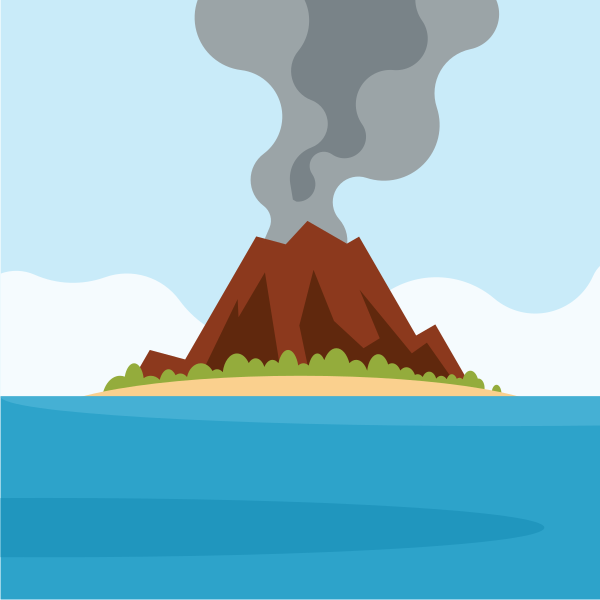 Vulcano che erutta su un'isola tropicale con fumo.