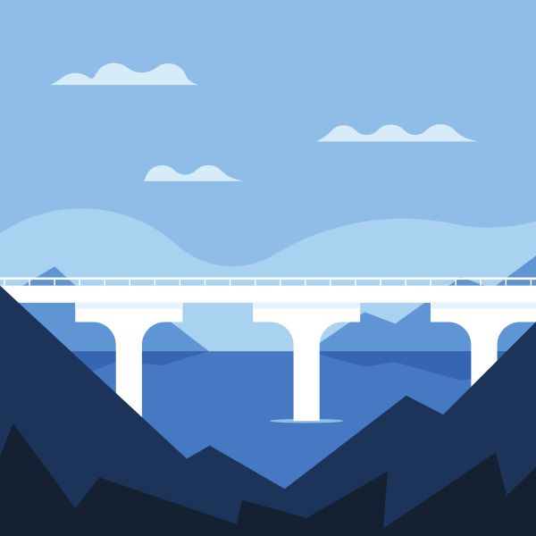 Eine weiße Brücke überspannt ein blaues Gewässer.