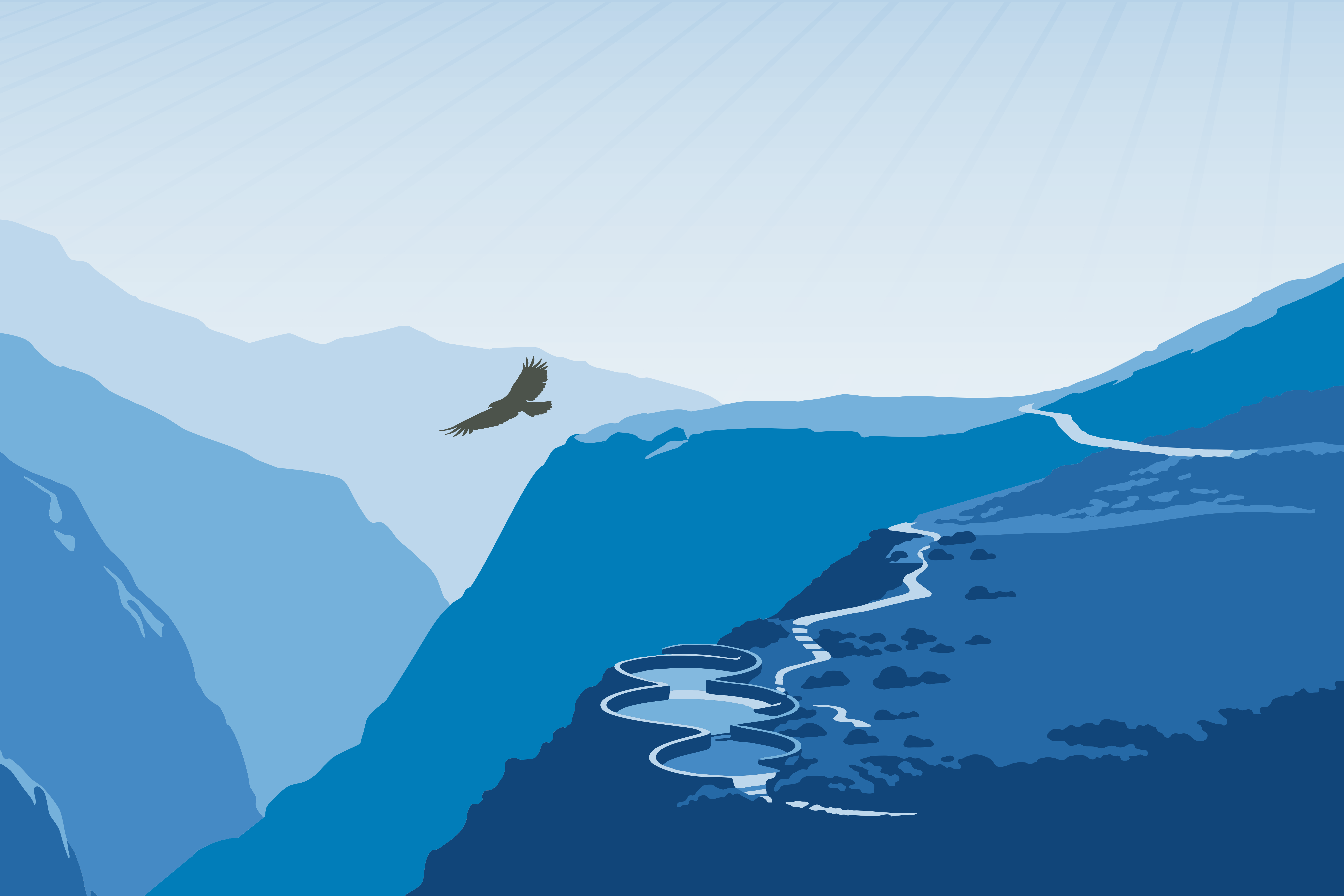 Eagle flying over a vast mountain landscape