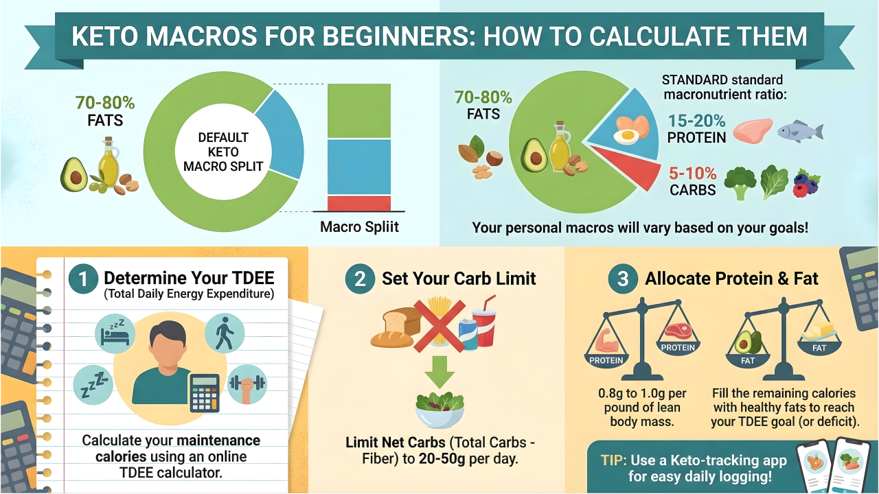 Unique Keto Macros calculation concept featuring a digital scale, salmon, avocado, and eggs on a marble table