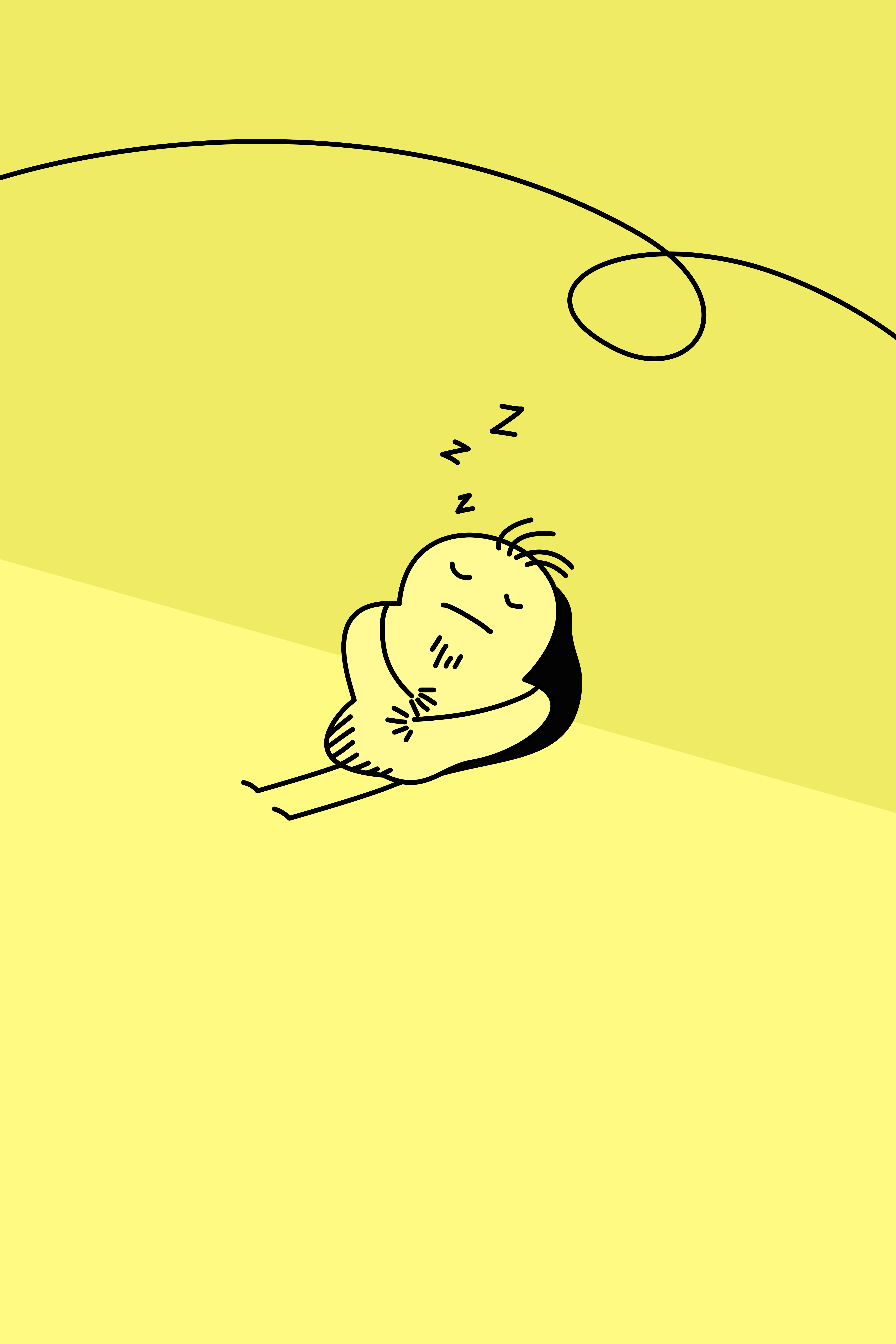 A cartoon character sleeping on a yellow background