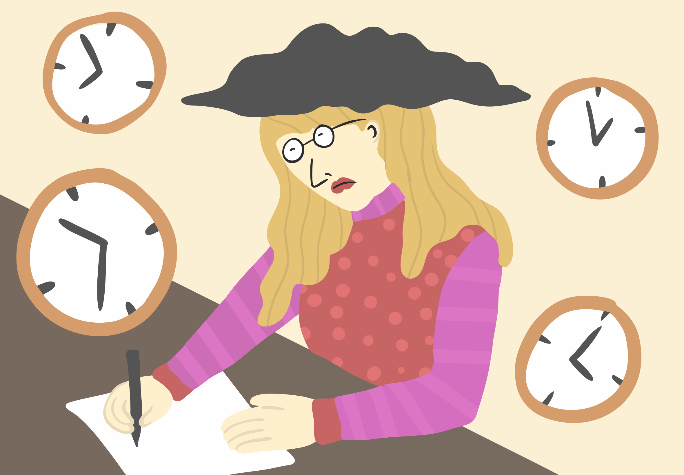 Mujer estresada por los plazos, rodeada de relojes.