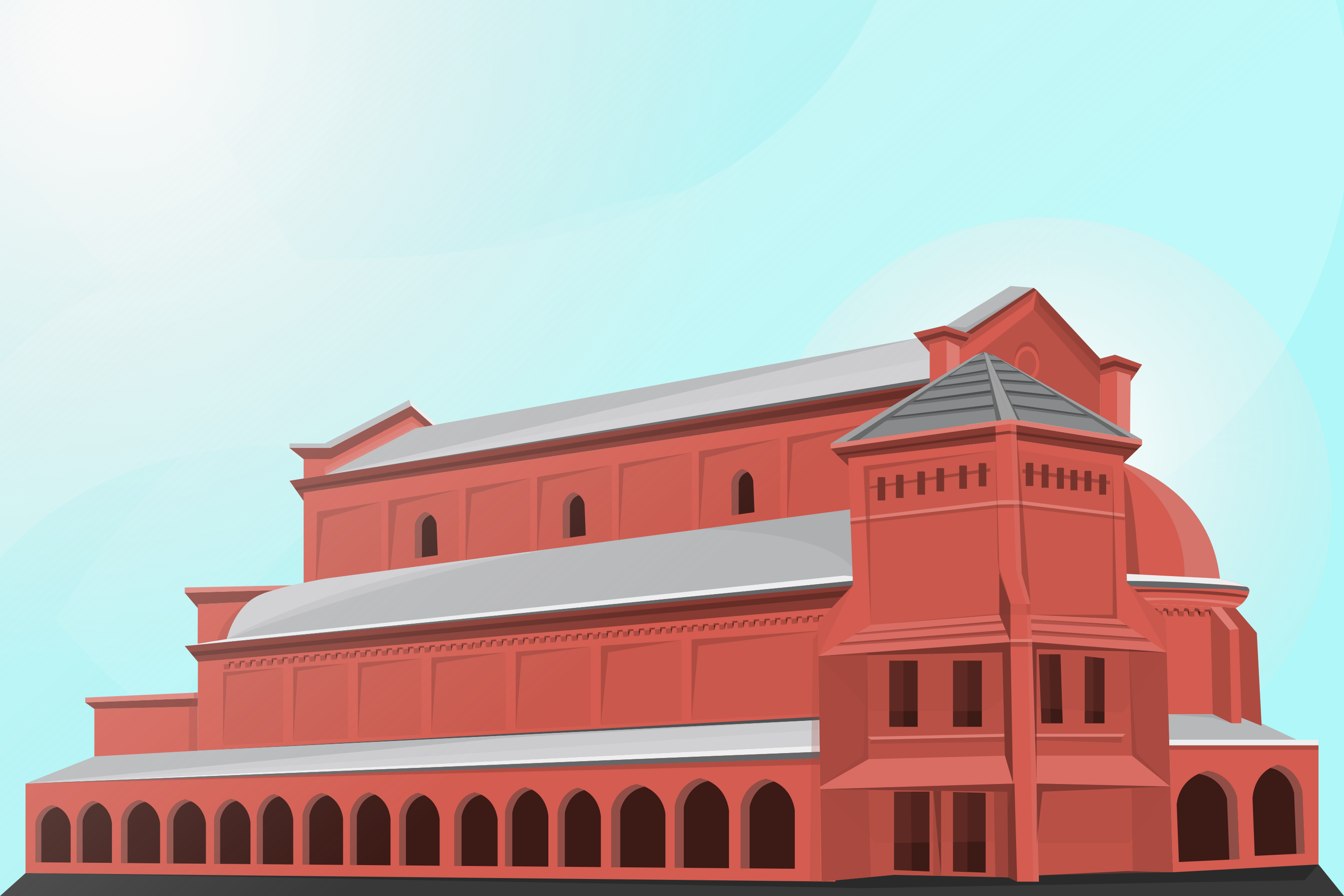 A large red building with arched windows.