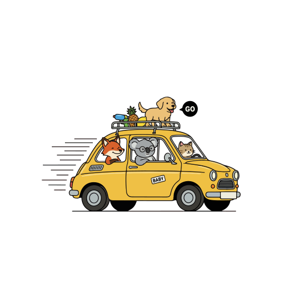 Animals in a car on a road trip