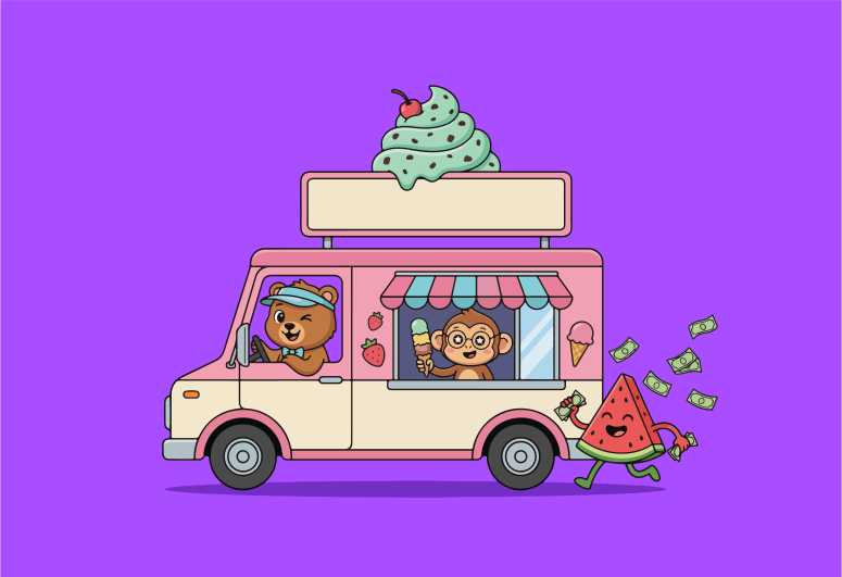 Cartoon bear drives ice cream truck with monkey and watermelon.