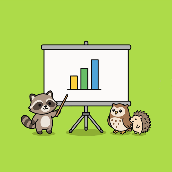 Waschbär präsentiert der Eule und dem Igel ein Balkendiagramm.