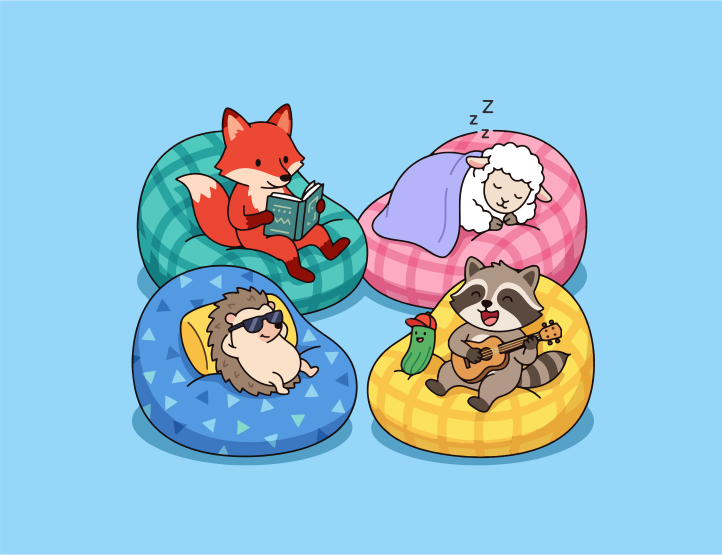 Four cartoon animals relaxing on beanbag chairs