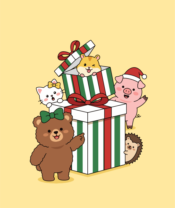 Cute animals peeking out of a christmas gift box